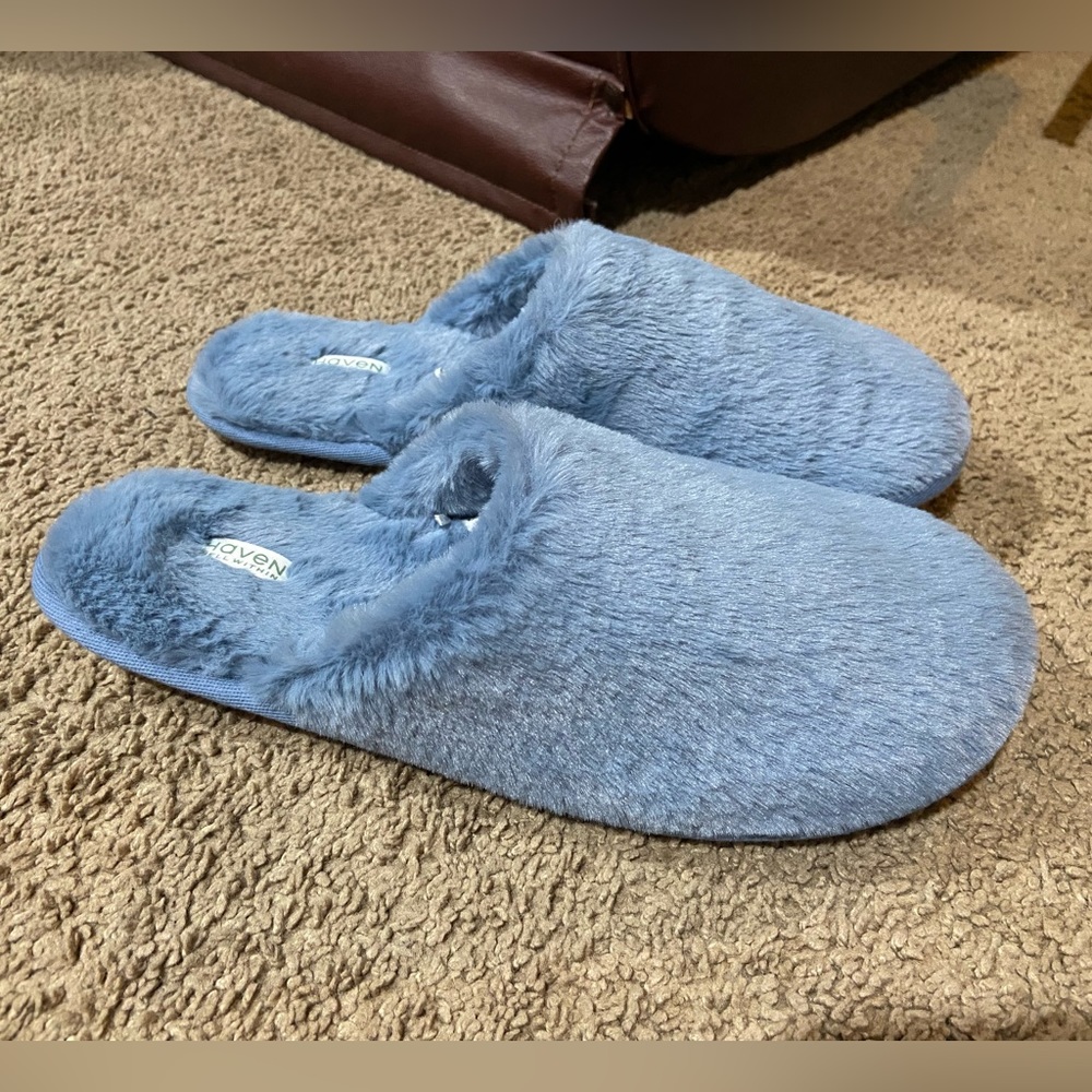 Haven Well Within House Shoes Slippers Blue Soft Faux Fur Slide-On Womens Size L
